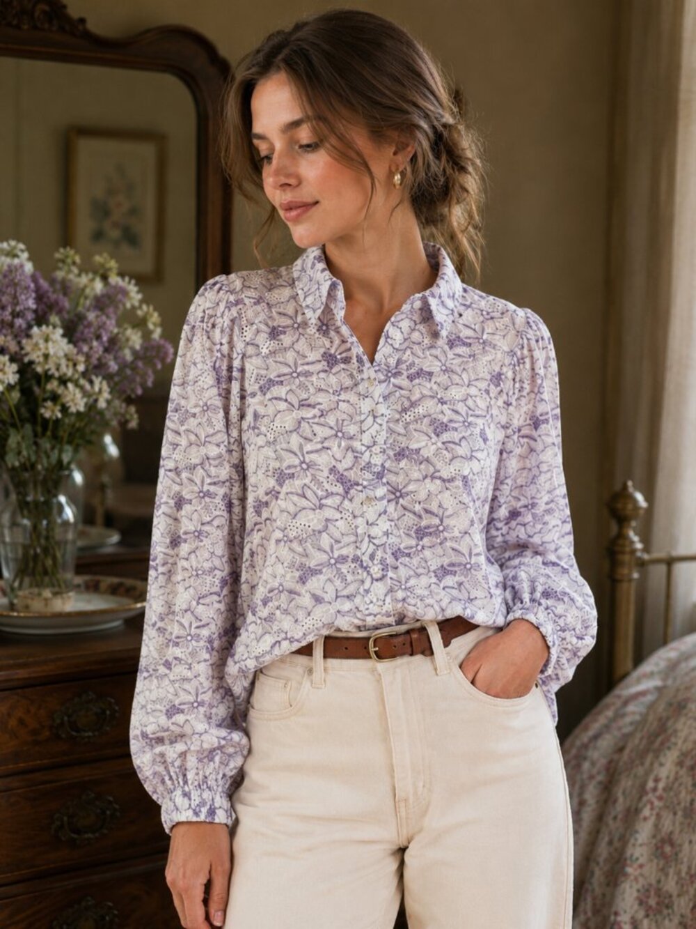 YAS Eyelet Floral Blouse White Purple Cotton L